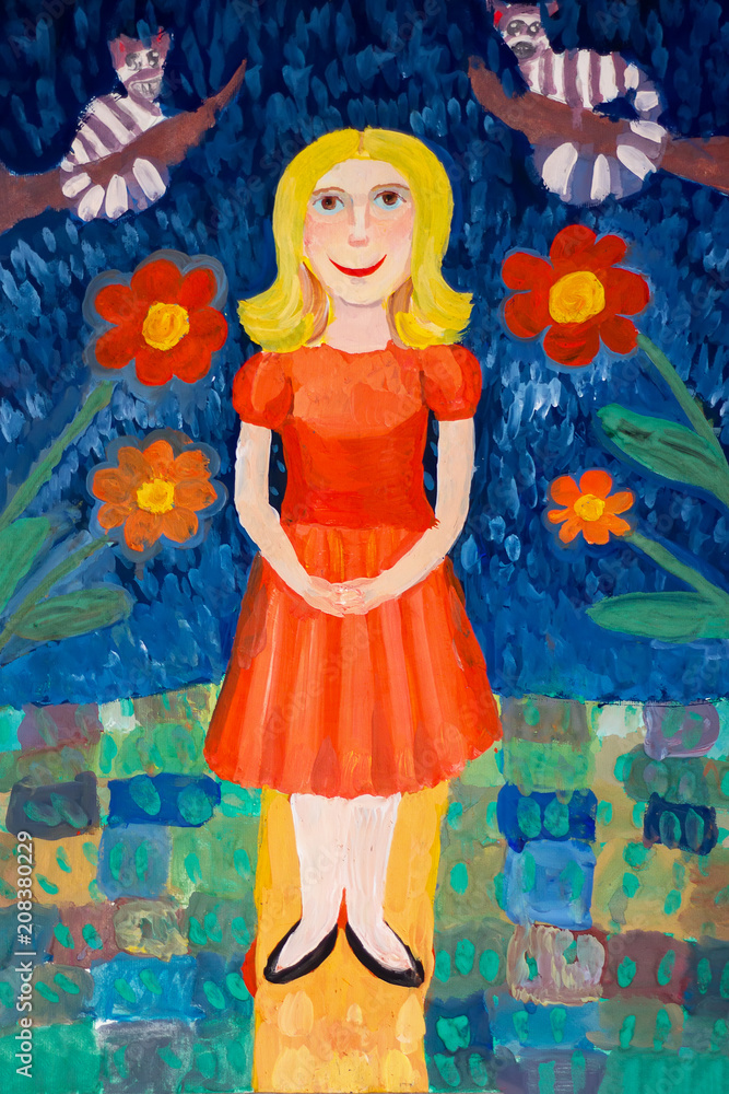 Sweet girl.Painted watercolor girl with flowers and seals Sweet girl.Painted watercolor girl with flowers and seals