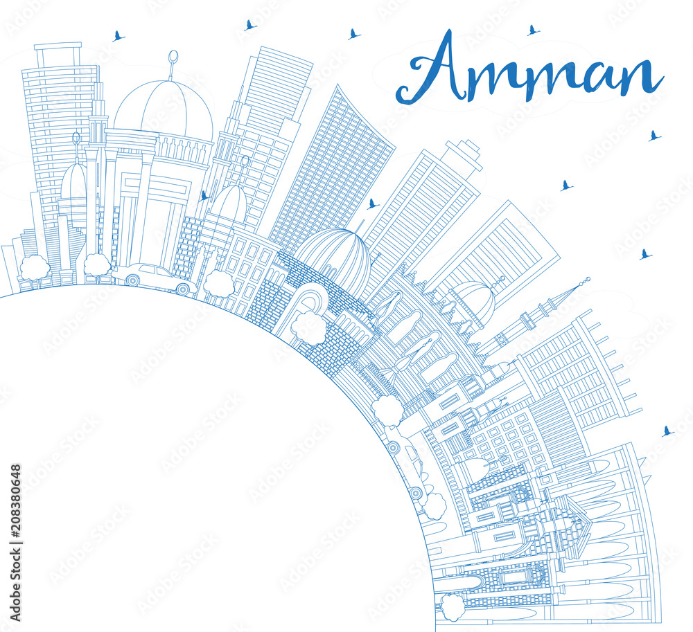 Outline Amman Jordan Skyline with Blue Buildings and Copy Space.