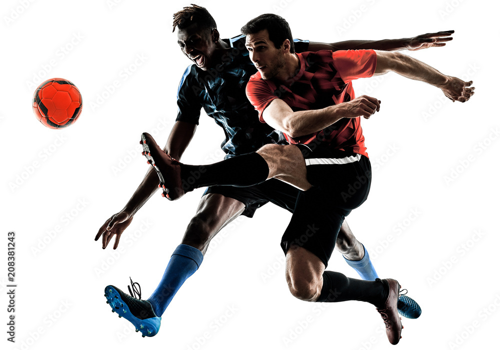 Naklejka premium two soccer players men in studio silhouette isolated on white background