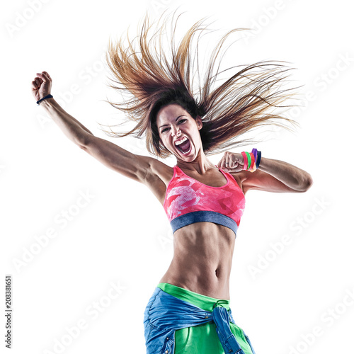 one caucasian woman zumba dancers dancing fitness exercising excercises in studio isolated on white background