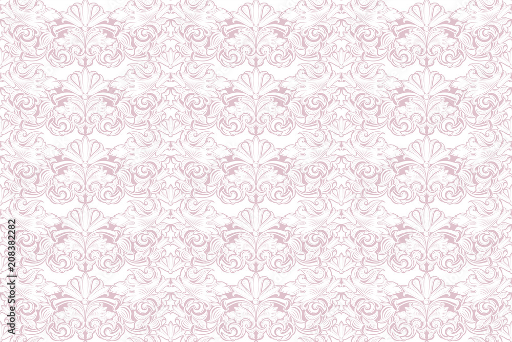 Baroque background in light pink and white. Vintage, Rococo, damask patterns with leaves, floral elements