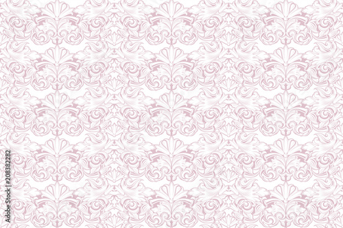 Baroque background in light pink and white. Vintage, Rococo, damask patterns with leaves, floral elements