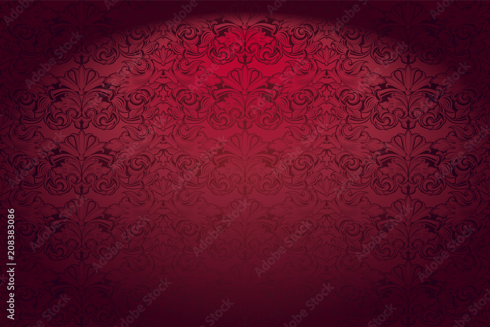 Royal, vintage, Gothic horizontal background in red  with a classic Baroque pattern, Rococo.With dimming at the edges - obrazy, fototapety, plakaty 
