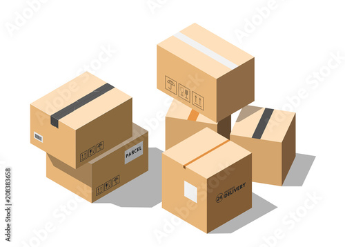 Vector isometric cardboard parcel boxes isolated on white background