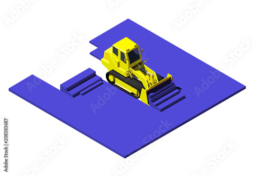 Yellow bulldozer pushing blue ground. Modern isometric construction vehicle illustration. Low poly style