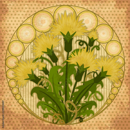 Fototapeta Naklejka Na Ścianę i Meble -  Wallpaper with flowers dandelions in art nouveau style, vector illustration