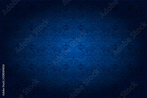 vintage horizontal background in dark blue ultramarine, with classic Baroque pattern, Rococo with darkened edges