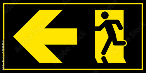 Emergency exit sign. Man running out fire exit