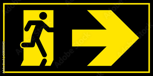 Emergency exit sign. Man running out fire exit
