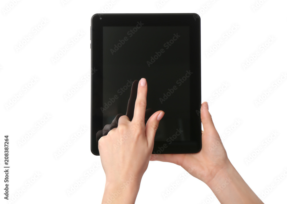 Young woman using tablet computer on white background Young woman using tablet computer on white background