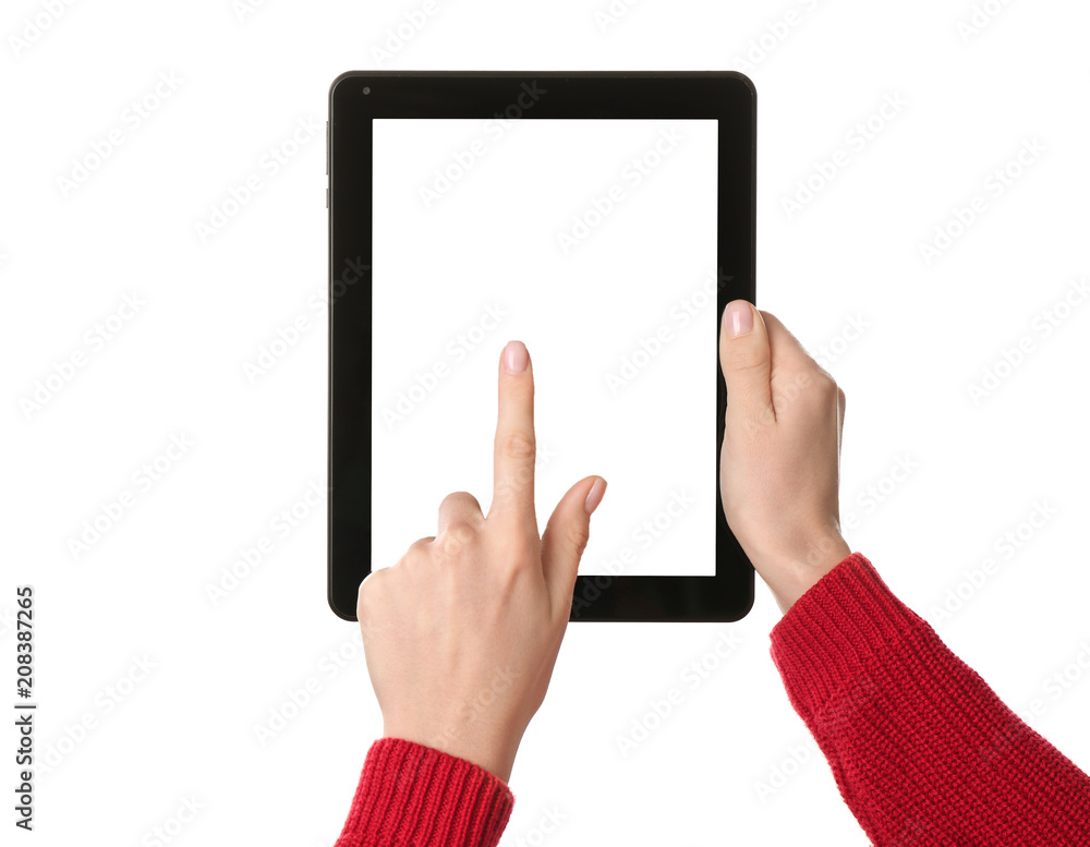 Young woman using tablet computer on white background