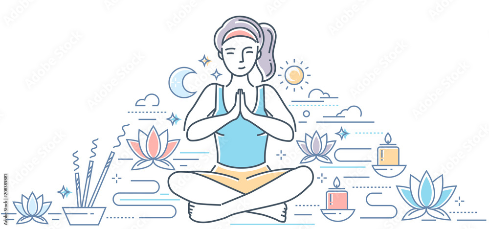Practicing yoga - modern line design style colorful illustration Practicing yoga - modern line design style colorful illustration
