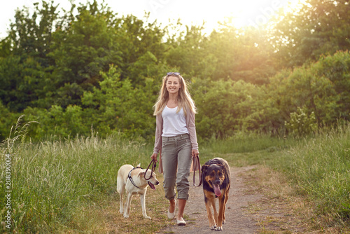Junge Frau geht mit ihren Hunden spazieren