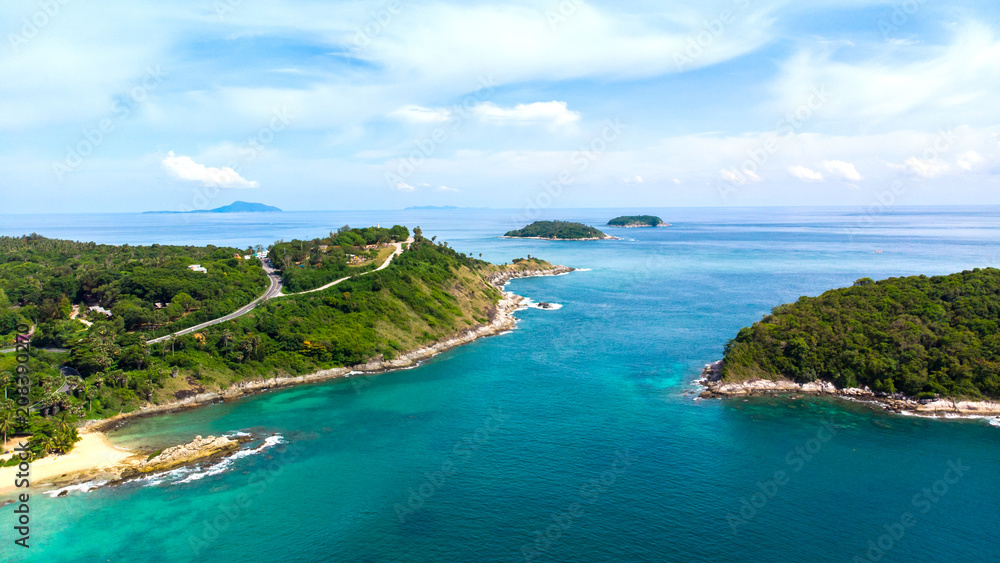 Promthep Cape Top view Phuket, Thailand. Aerial view from drone camera .