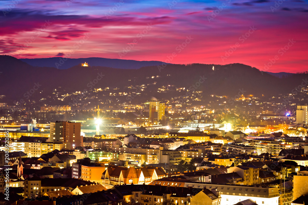 Graz city center aerial view at burning sky dusk