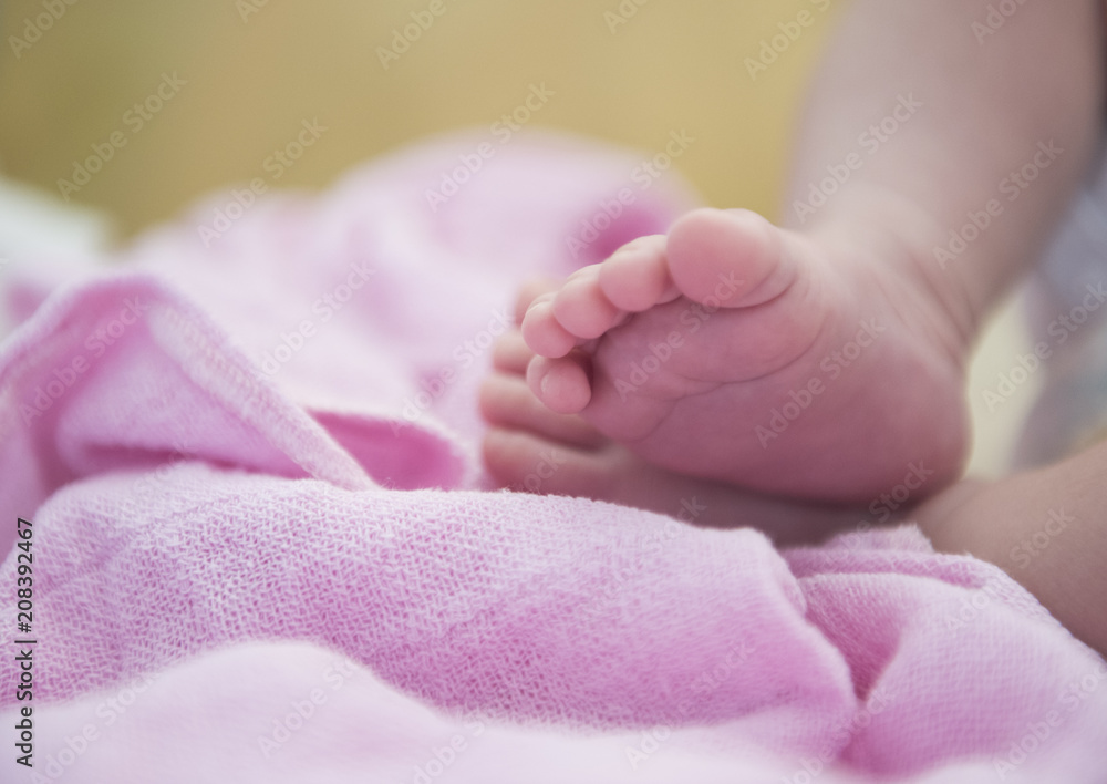 Small foots of newborn baby on pink blanket Small foots of newborn baby on pink blanket