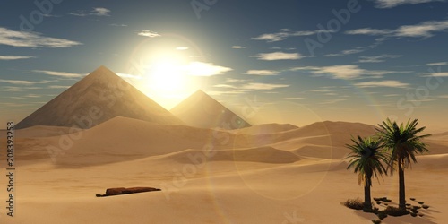 Pyramids at sunset  sandy desert with palm trees   3D rendering