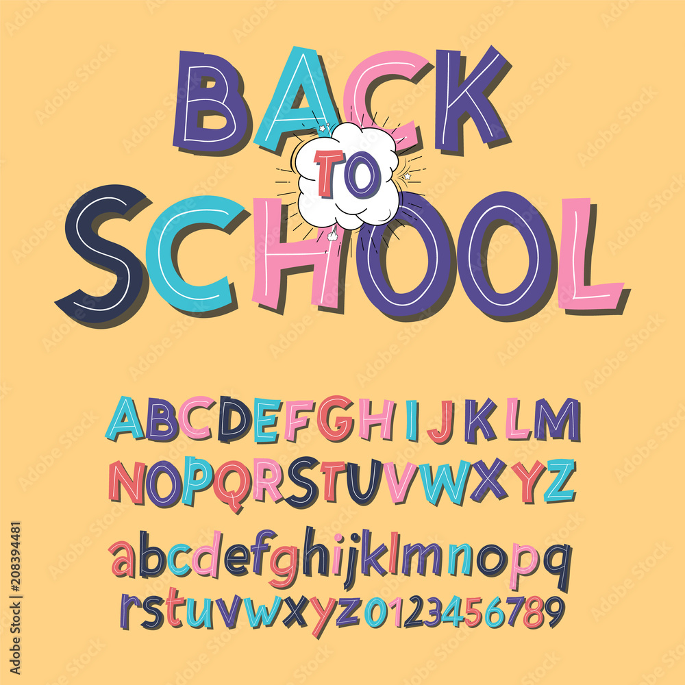 Latin alphabet - badge back to school. Trend font 2018 Color in cute cartoon flat style.