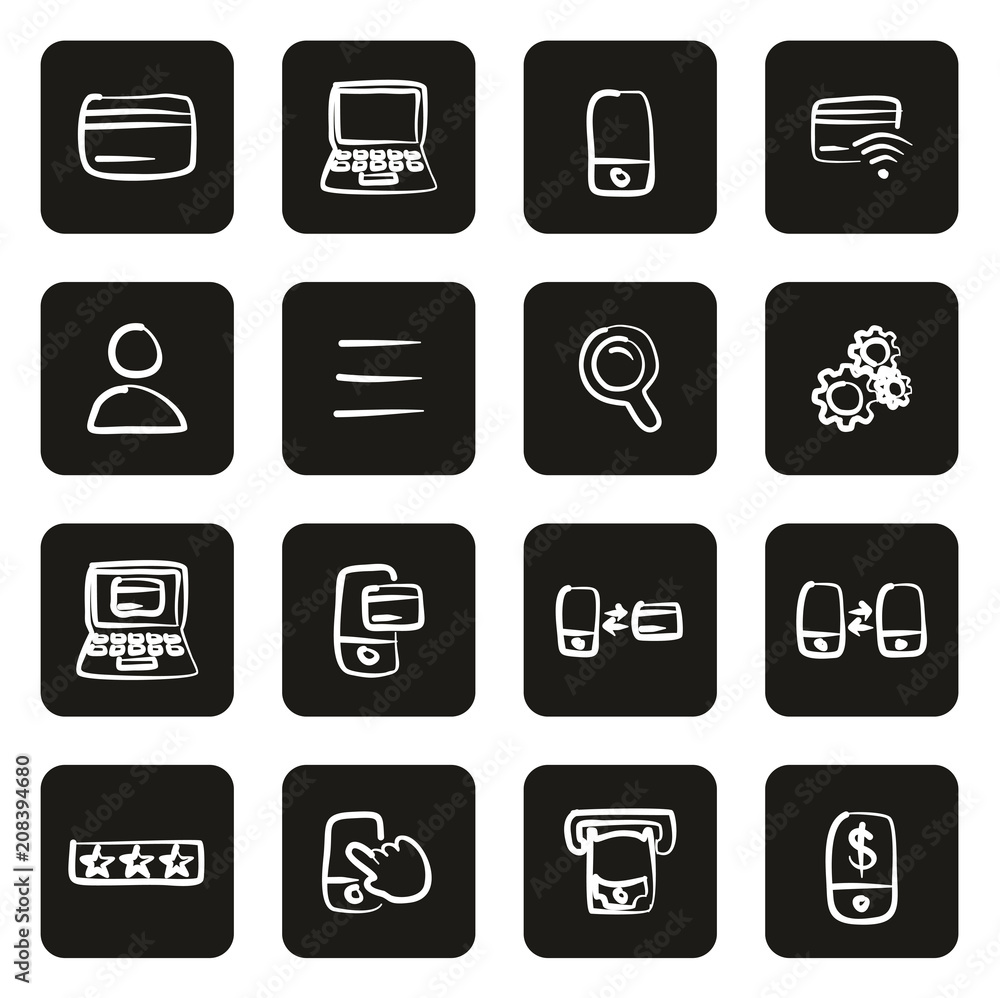 Mobile & Online Banking Icons Freehand White On Black Mobile & Online Banking Icons Freehand White On Black