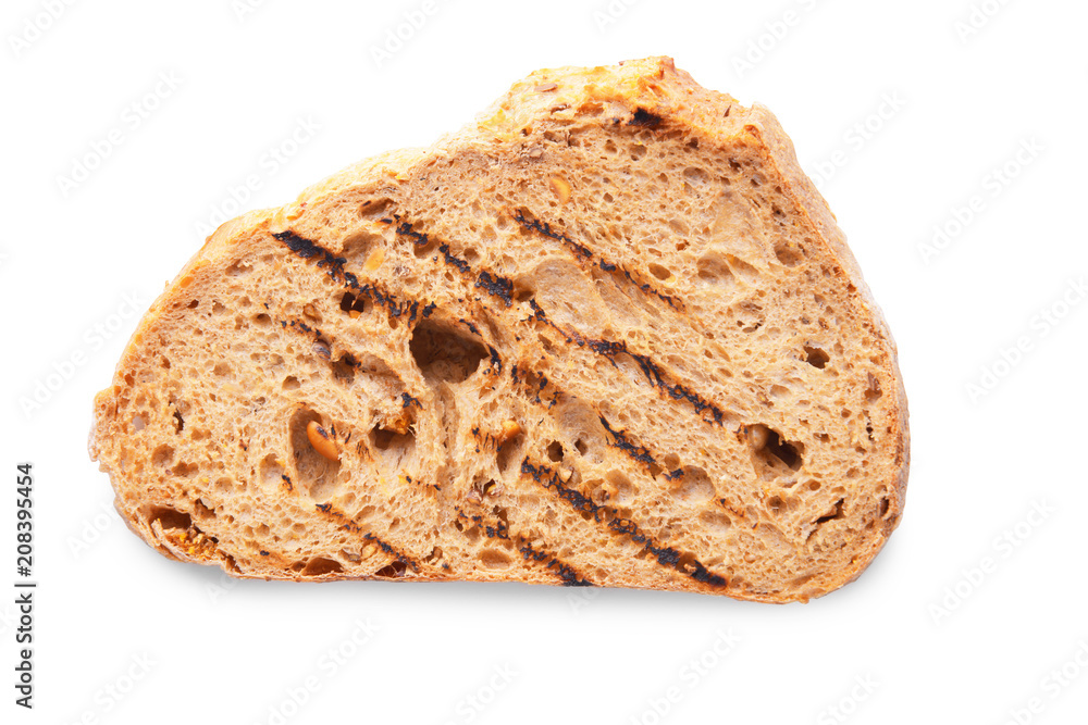 Tasty toasted bread on white background, top view
