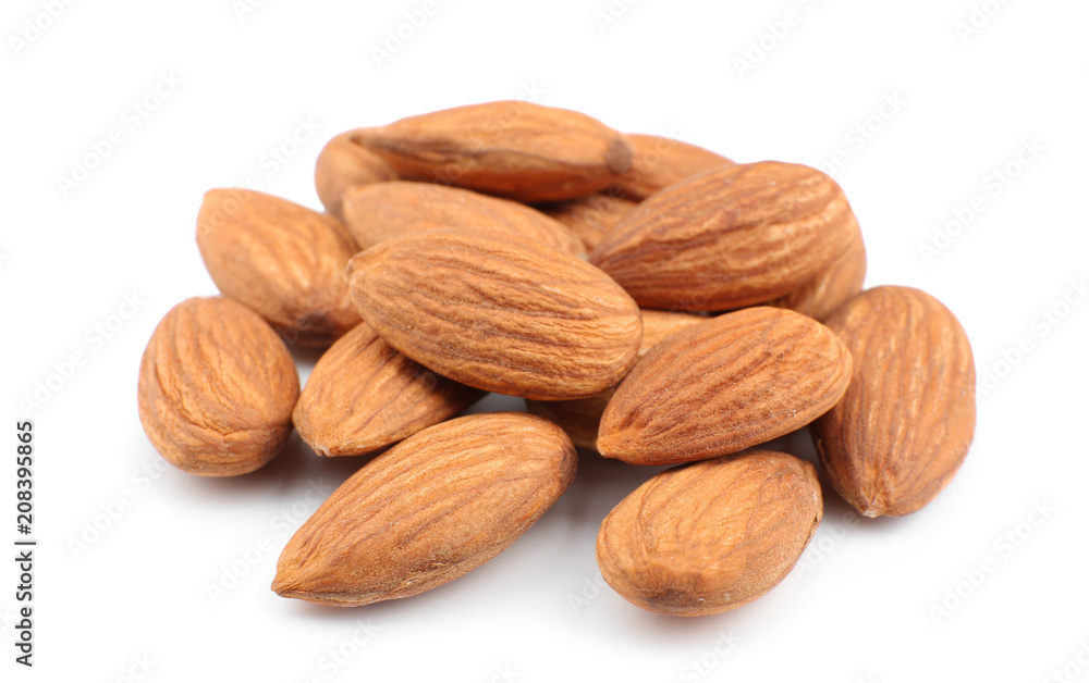 Almonds on white background. Nut snack Almonds on white background. Nut snack