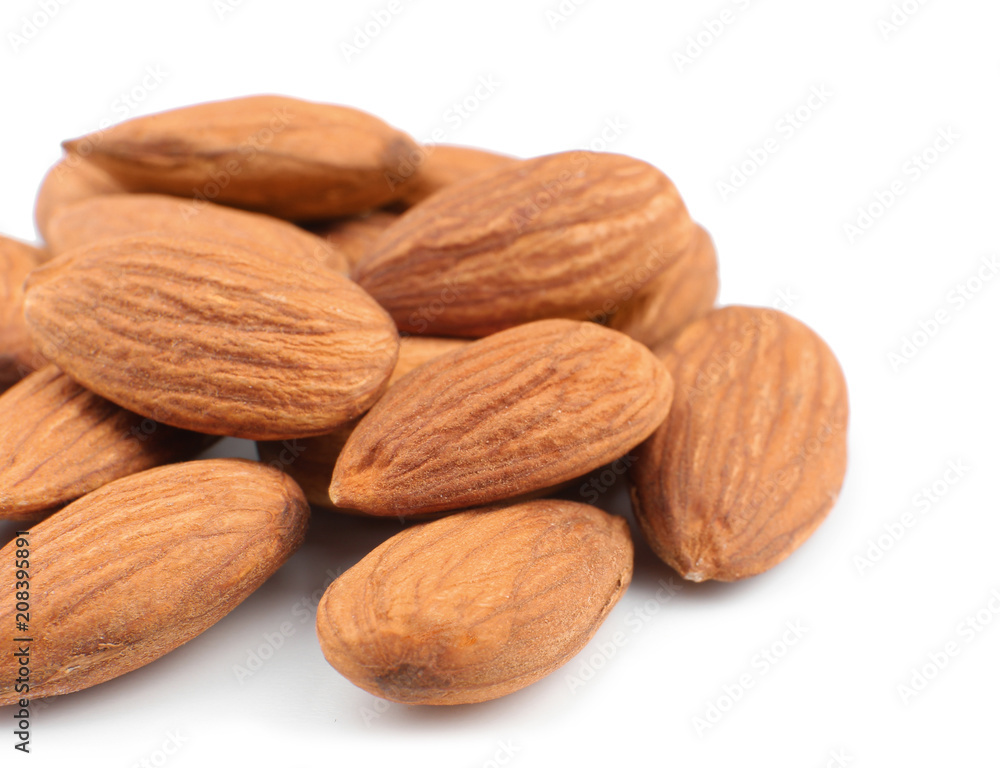 Almonds on white background. Nut snack Almonds on white background. Nut snack