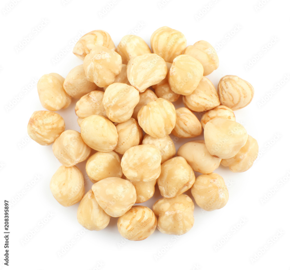 Peeled hazelnuts on white background Peeled hazelnuts on white background