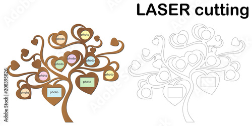 Family tree with photo frames for laser cutting. Collage of photo frames. Template laser cutting machine for wood and metal