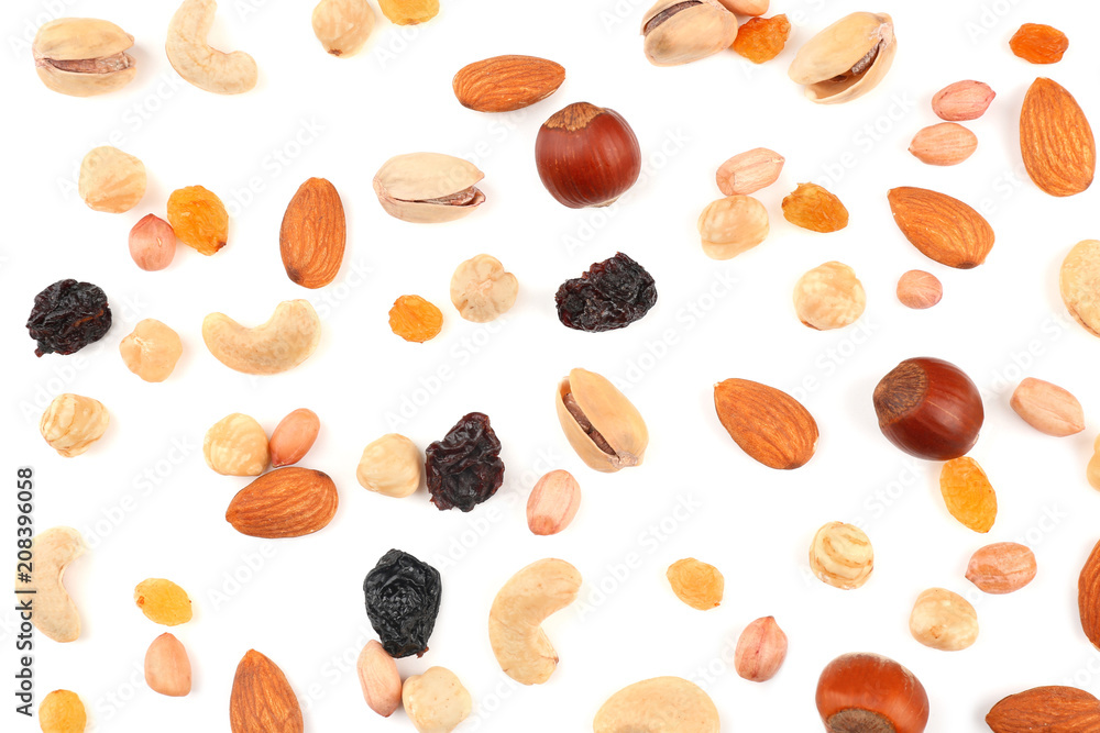 Different nuts and dried berries on white background, top view Different nuts and dried berries on white background, top view