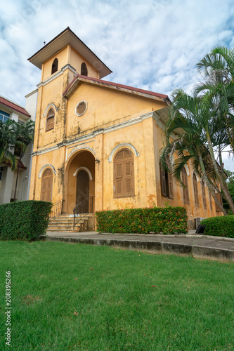 TRANG, THAILAND - June 6, 2018 : Close up historic Christian church Building age over 100 years old in Trang District, Trang Thailand.
