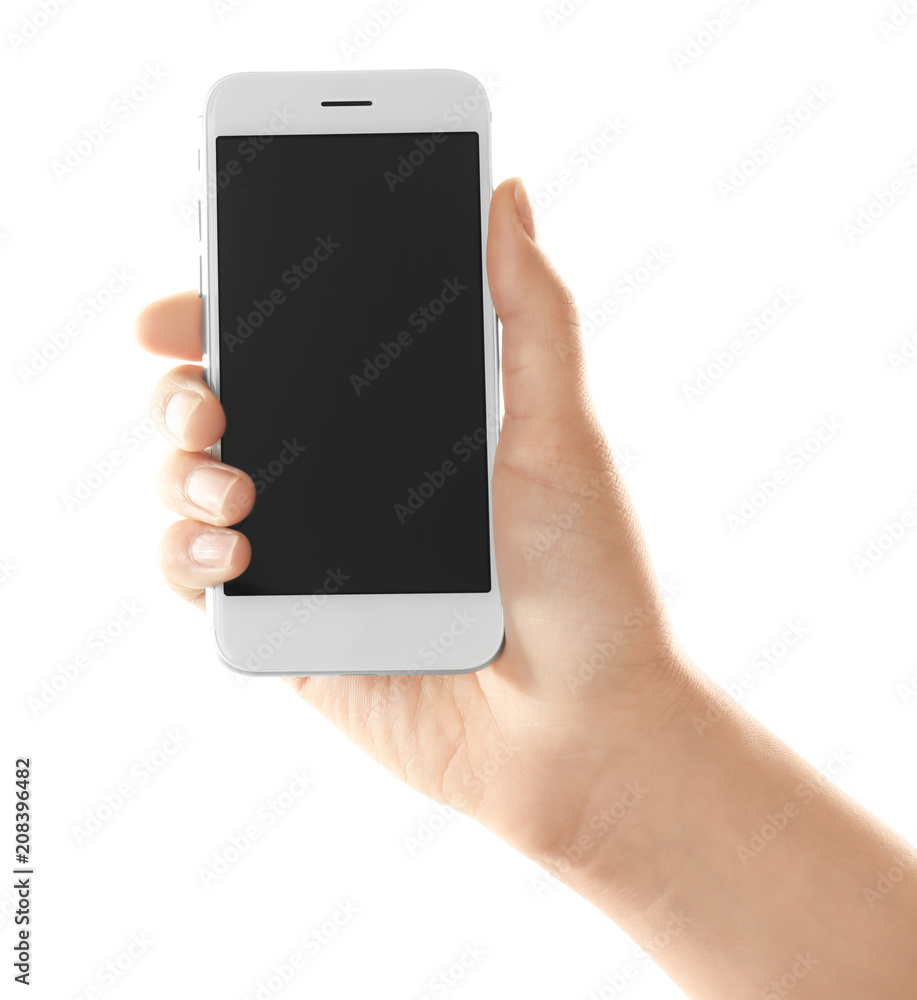 Young woman holding smartphone on white background Young woman holding smartphone on white background