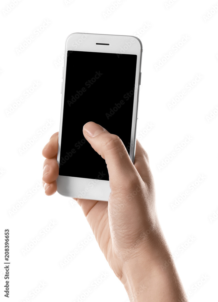 Young woman holding smartphone on white background Young woman holding smartphone on white background
