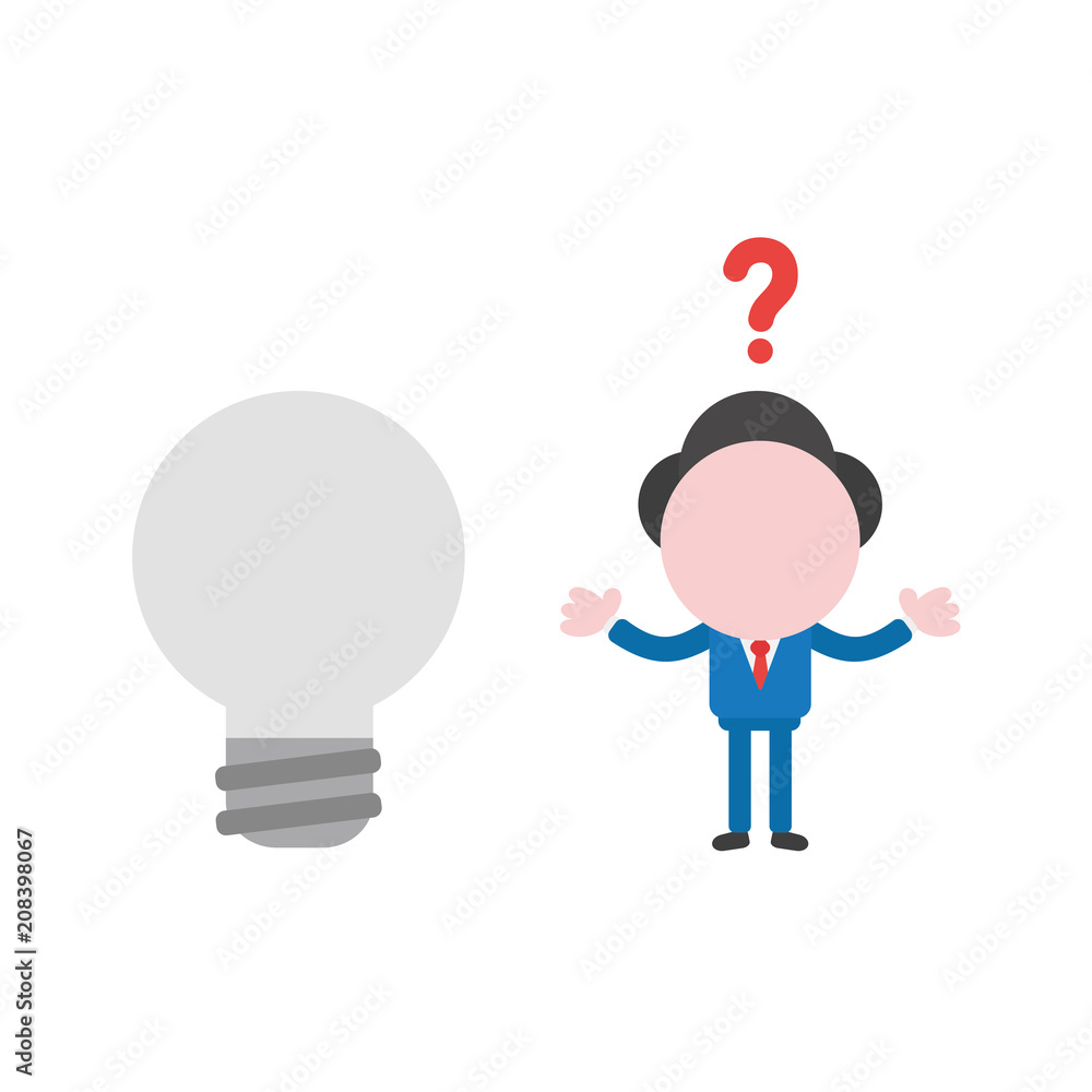 Fototapeta premium Vector confused businessman character with grey light bulb