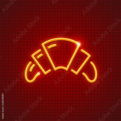 French croissant for breakfast neon icon. Sweet fancy baking