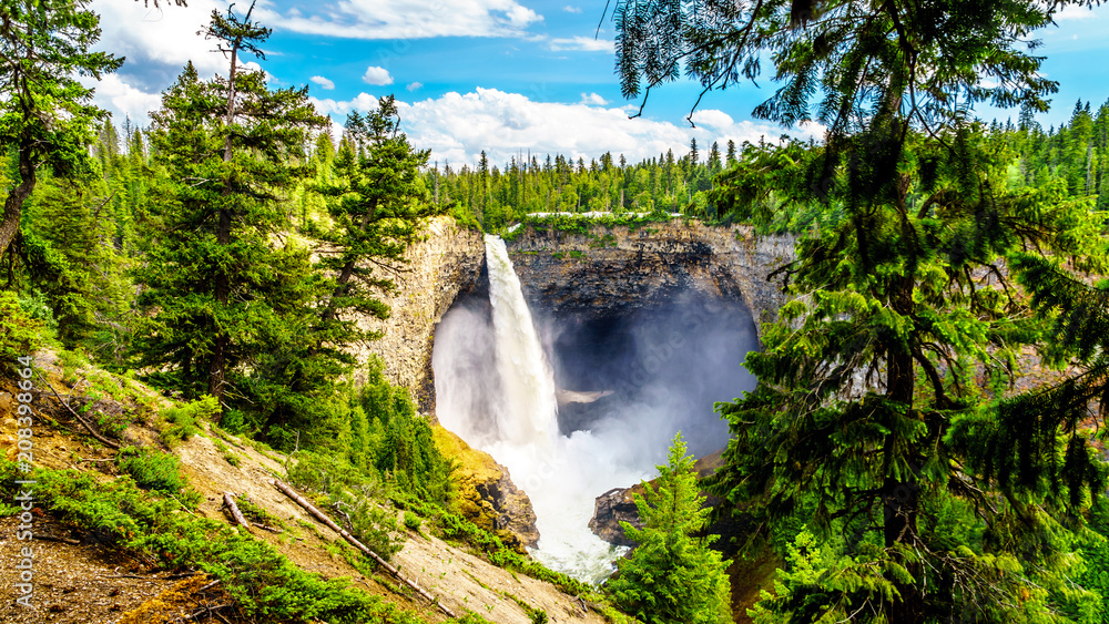 Fototapeta premium Large snow melt in the Cariboo Mountains creates spectacular water flow of Helmcken Falls on the Murtle River in Wells Gray Provincial Park near the town of Clearwater, British Columbia, Canada