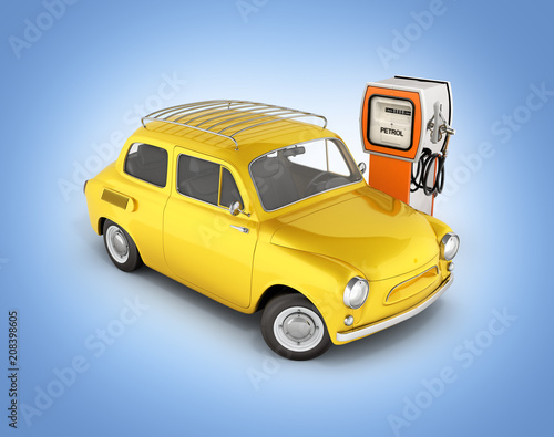 retro car standing at the gas station car refueling illustration without shadow on blue gradient background 3d
