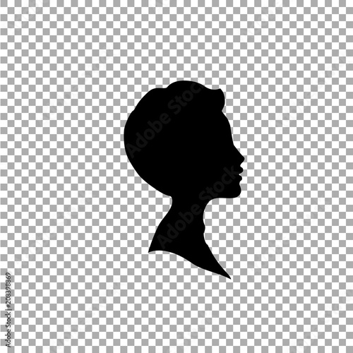 Black profile silhouette of boy or man head, face profile on transparent background.