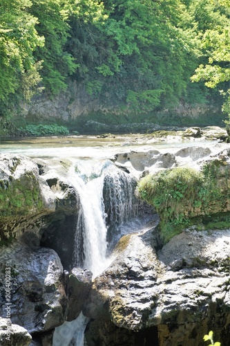 Landscape with the streams of waterfall falling on rocks against the background of rocks  overgrown with trees  Martvili Canyons  Georgia  Europe   Caucasus