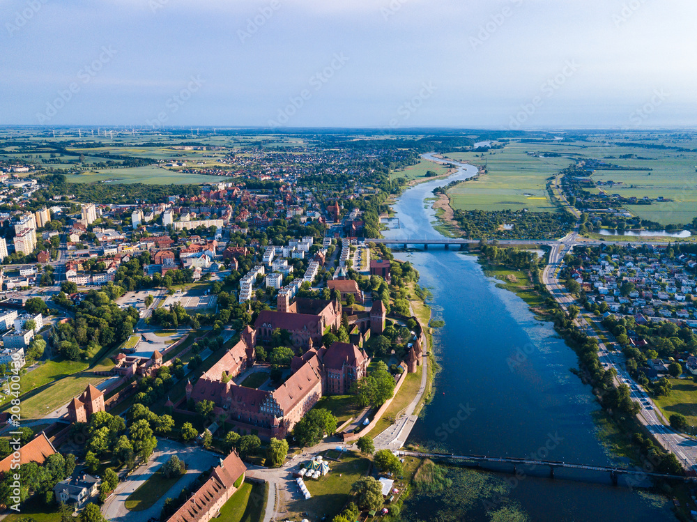 Aerial: The Castle of Malbork in Poland, summer time
