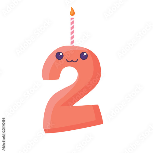 Kawaii birthday candle of number two over white background, vector illustration