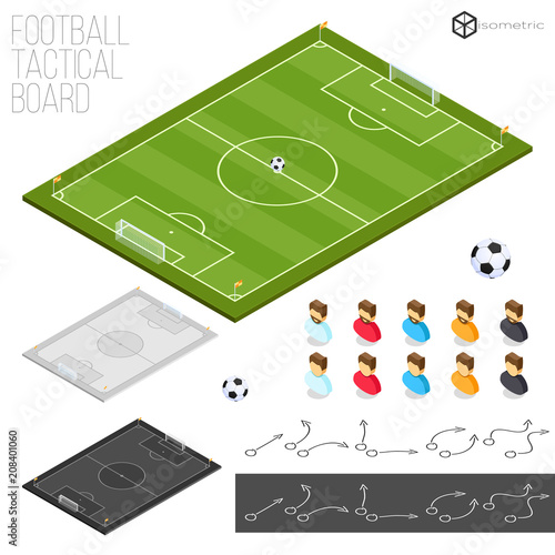 Vector soccer field, football tactical board with figures and ball, isometric.