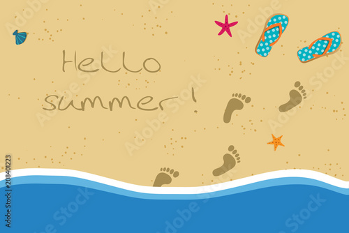 Hello summer illustration with flip flops and foot prints on sandy beach background