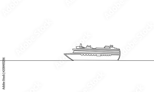 Single continuous one line art ocean travel vacation. Sea voyage holiday tropical island ship liner cruise journey concept design sketch outline drawing vector illustration