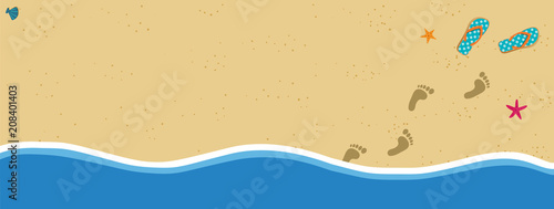 Summer banner with copy space flip flops and foot prints on sandy beach background