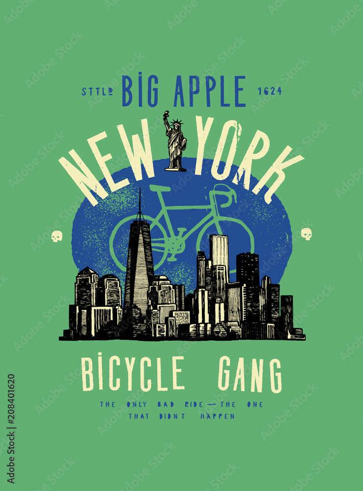 Fototapeta premium new york vintage typography bicycle print with manhattan landscape