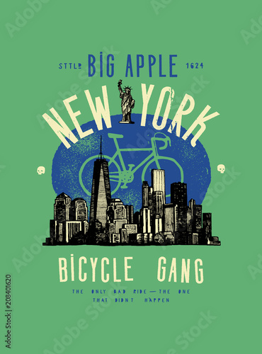 new york vintage typography bicycle print with manhattan landscape