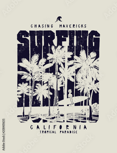 palm beach man with board silhouette - vintage surfing t-shirt print