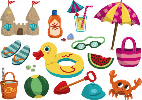 Cartoon Summer objects isolated on white background. Vector illustration of a beach objects set. 