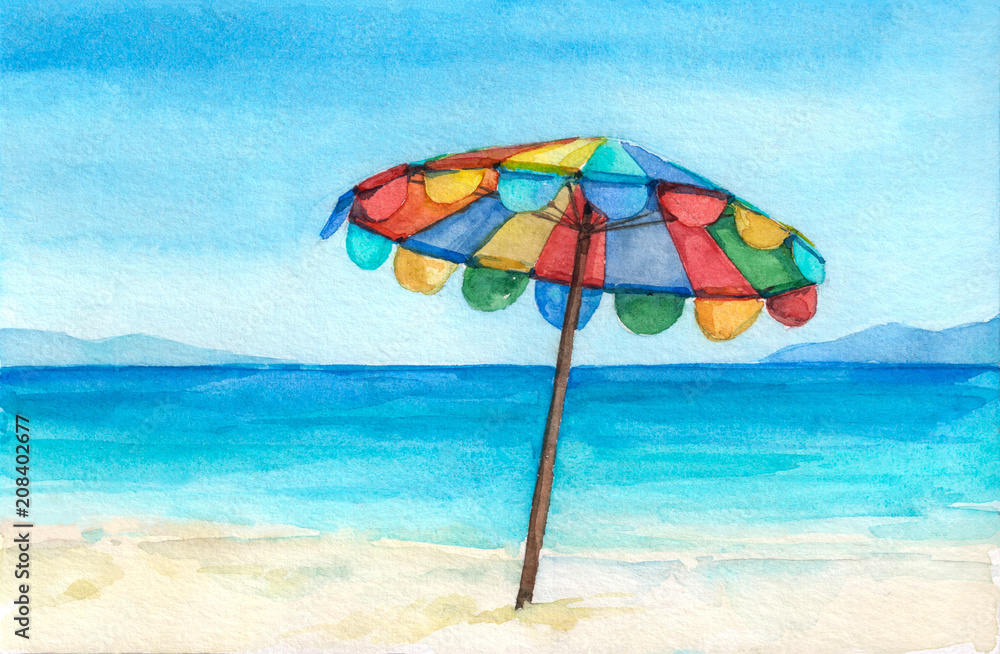 Rainbow color umbrella on the tropical beach. Watercolor hand drawn illustration.