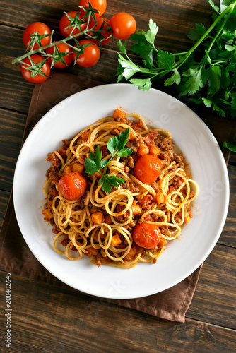 Spaghetti bolognese, top view